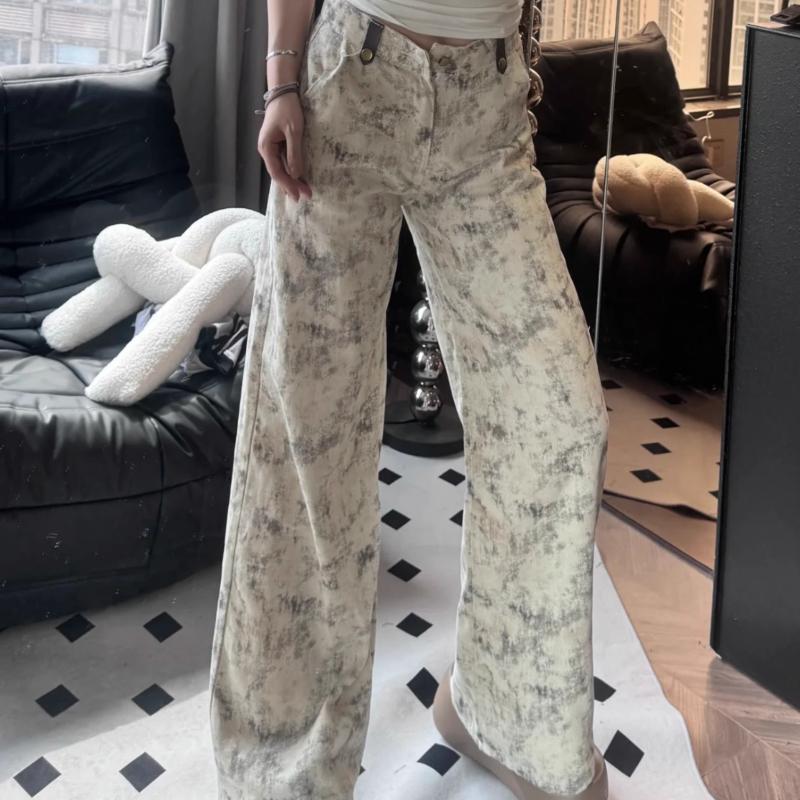 High Street Retro Tie Dye Printed Loose Wide Leg Pants for Women Autumn High Waist Straight Casual Pants Woman Elegant Fashion Ladies Trousers 25109