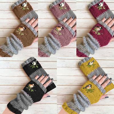 1 Paar Damen Winter Outdoor Bestickte Vogelhandschuhe Fingerlose Handschuhe Strick Blocknähte Fäustlinge