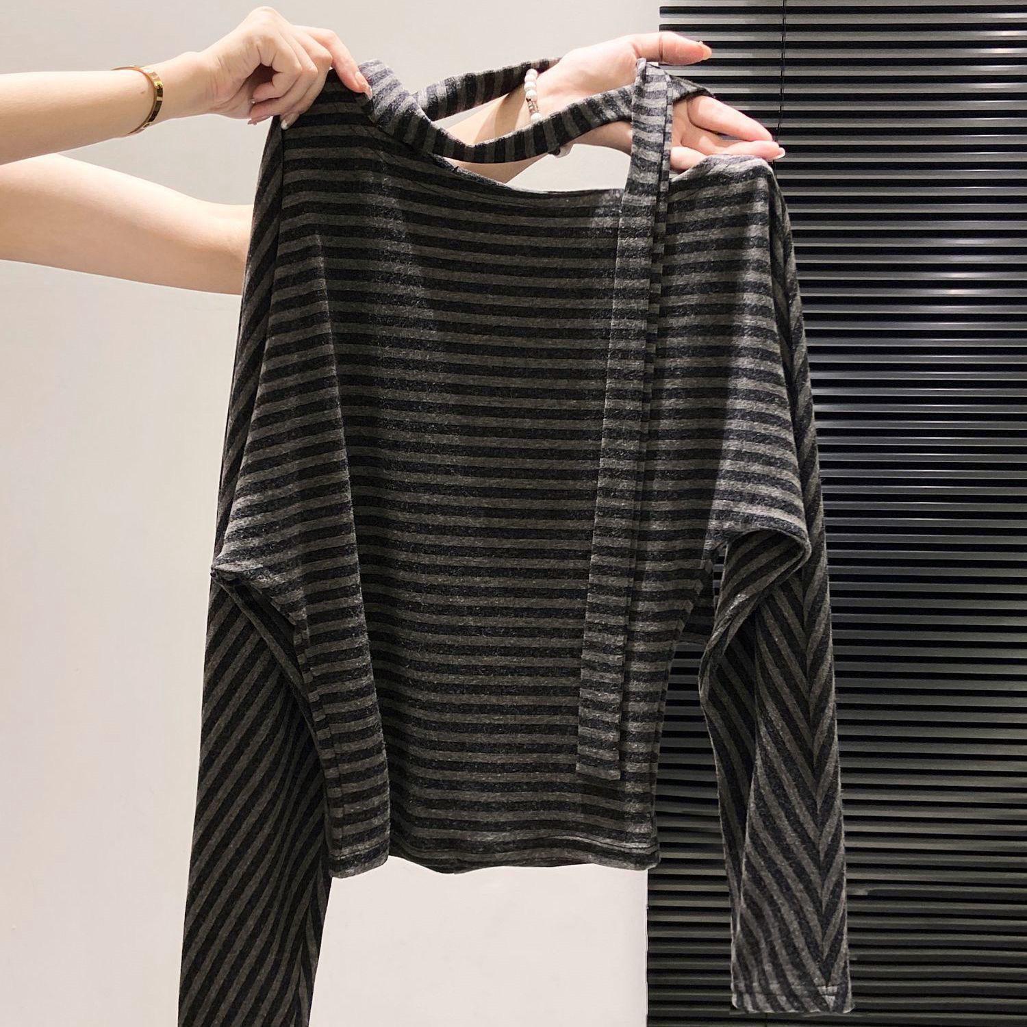

Women s Plus Size German Velvet Striped Long-Sleeve T-Shirt - Designer Style, Flaw-Hiding with Textured Diagonal Shoulder and Flowing Ribbon. M (80-100 lbs)