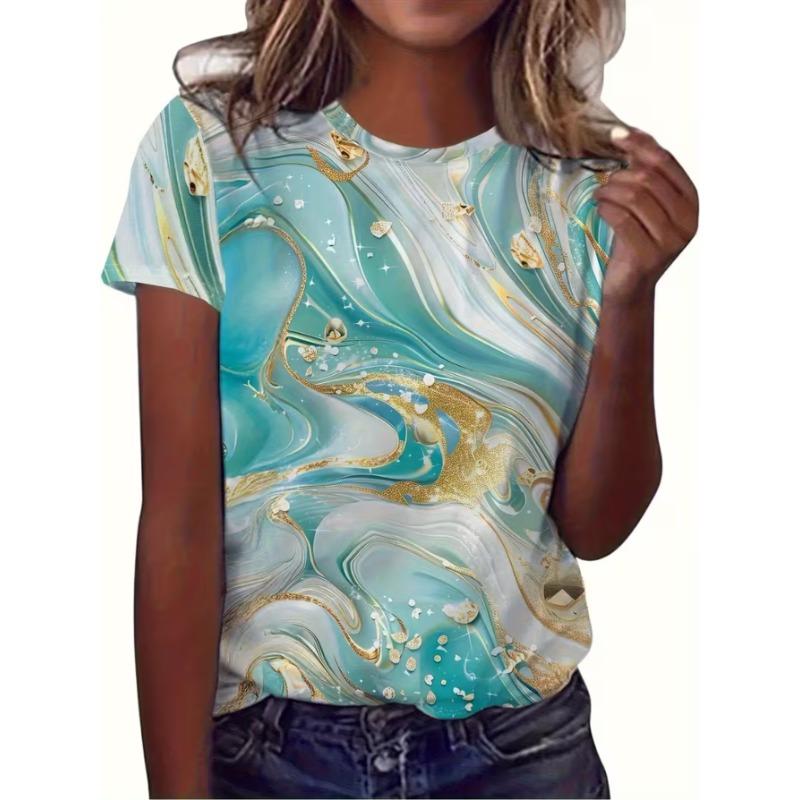 Women s teal all-over printed T-shirt - short-sleeved crew neck casual top 4XL