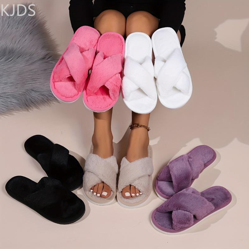 Otthoni papucsok, kényelmes és meleg nyitott orrú puha plüsscipő, egyszínű beltéri padlópapucs