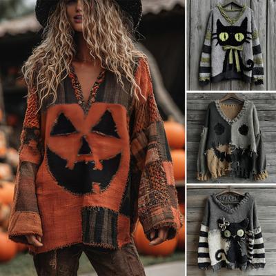 Dames Trui met Grafische Print V-Hals Lange Mouw Casual Gebreid Sweatshirt Oversized Gescheurd Vintage Herfst Tops