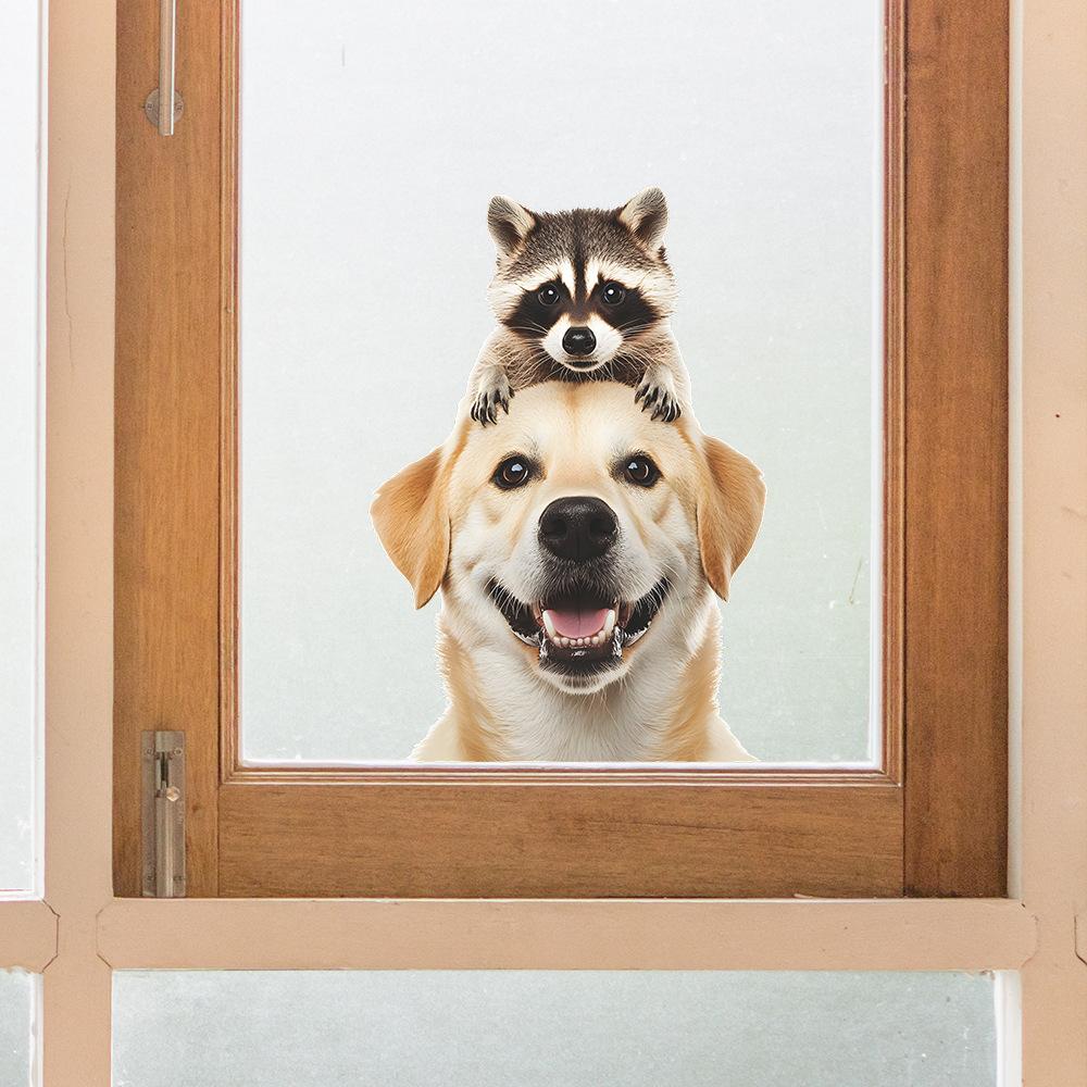 Niedlicher Golden Retriever Welpe Waschbär Balkon Glasfenster Hintergrund Verschönerung und Dekoration Fensteraufkleber