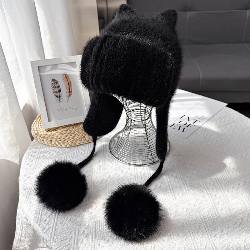 Women s Hand Embroidery Knitted Wool Beanie Hat with Mink Fur Pom Pom Common Wool Blend for Travel чёрный