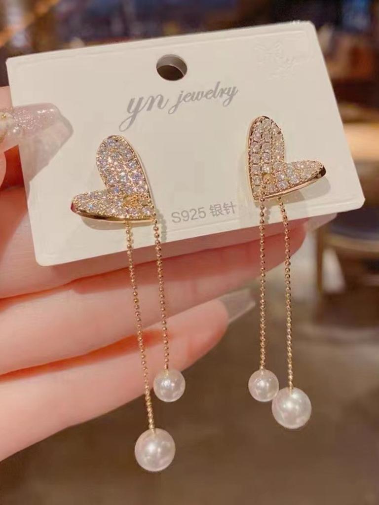 Full Diamond Heart-Shaped Pearl Stud Earrings For Women Earrings With Tassels Long Rhinestones Love Niche Design Earrings