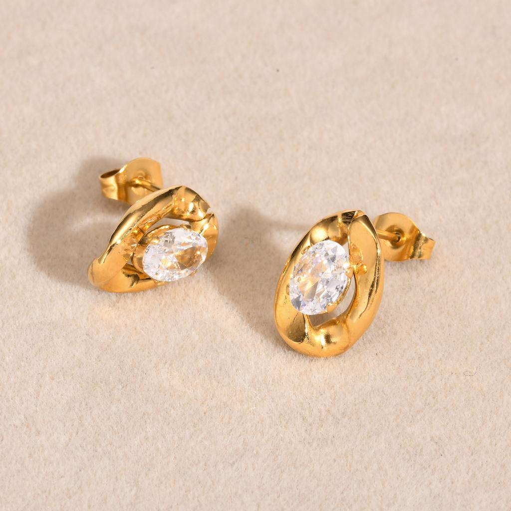 Earrings Stainless Steel Oval White Zircon Stud Earrings Gold Ladies Fashion Earrings, Necklace