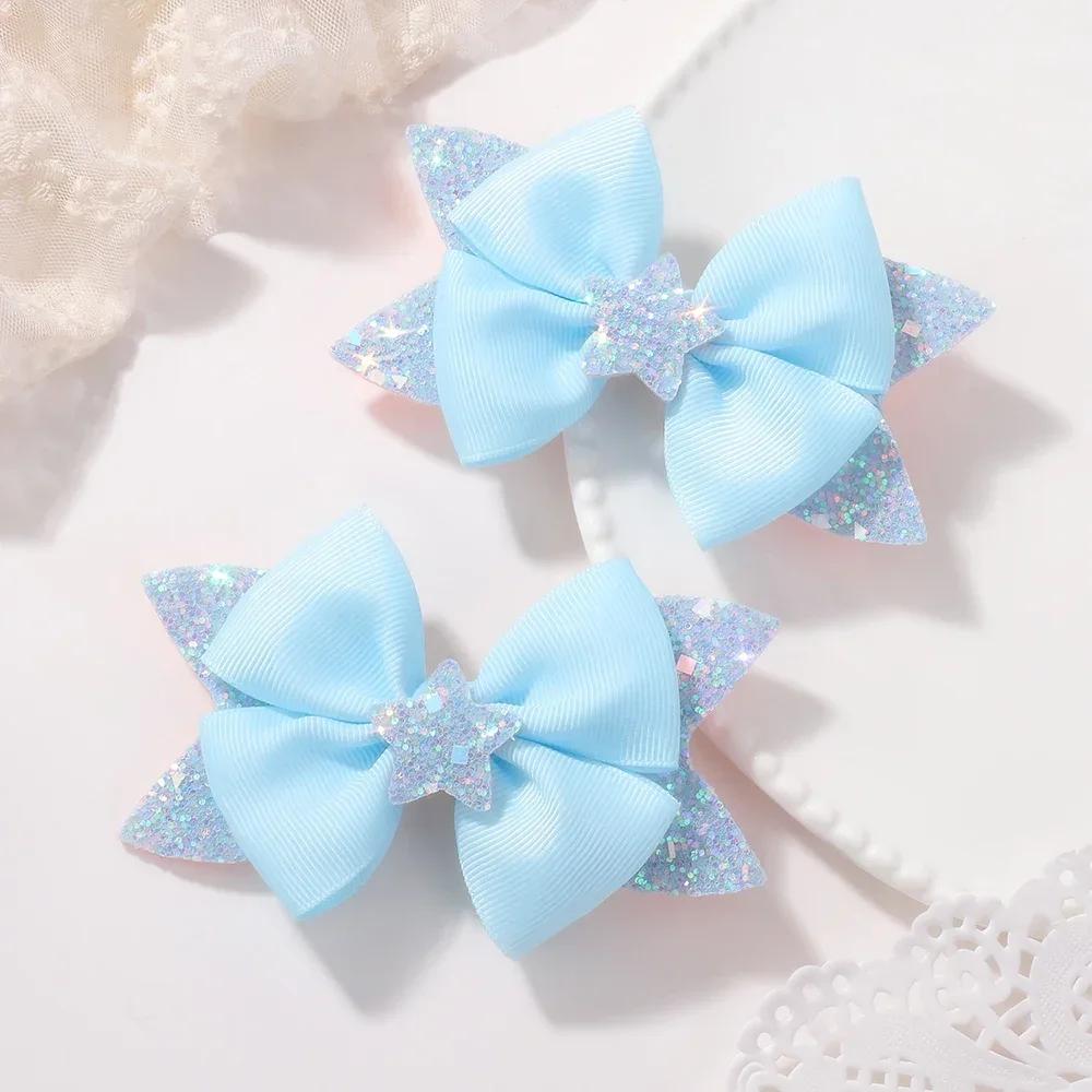 2 Stück/Set Baby Mädchen Stern Glitzer Schleife Haarklammern Boutique Mode Band Schwalbenschwanz Haarspangen Haarschmuck für Mädchen