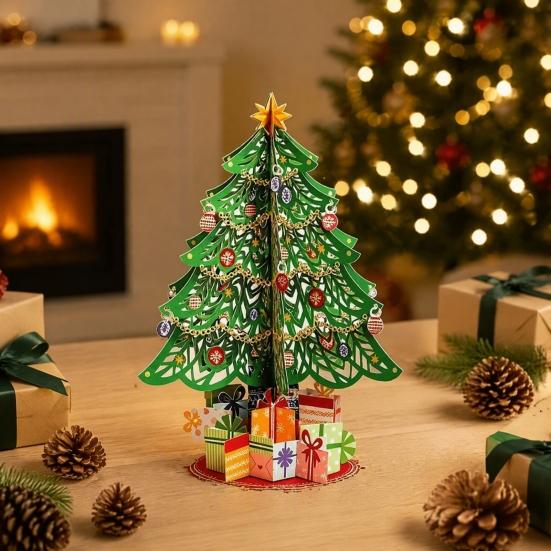 Christmas Atmosphere Home Decor 3D Puzzle Paper Tree Decoration, Holiday Desktop Ornaments Compact Xmas for Party with Star Topper And Gift