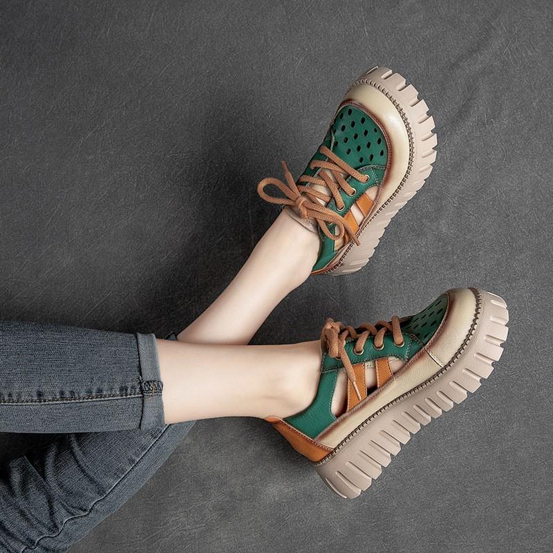 Johnature Thick Sole Mixed Colors Genuine Leather Retro Sandals Roman Style Lace-up Women's Flat Platform Shoes