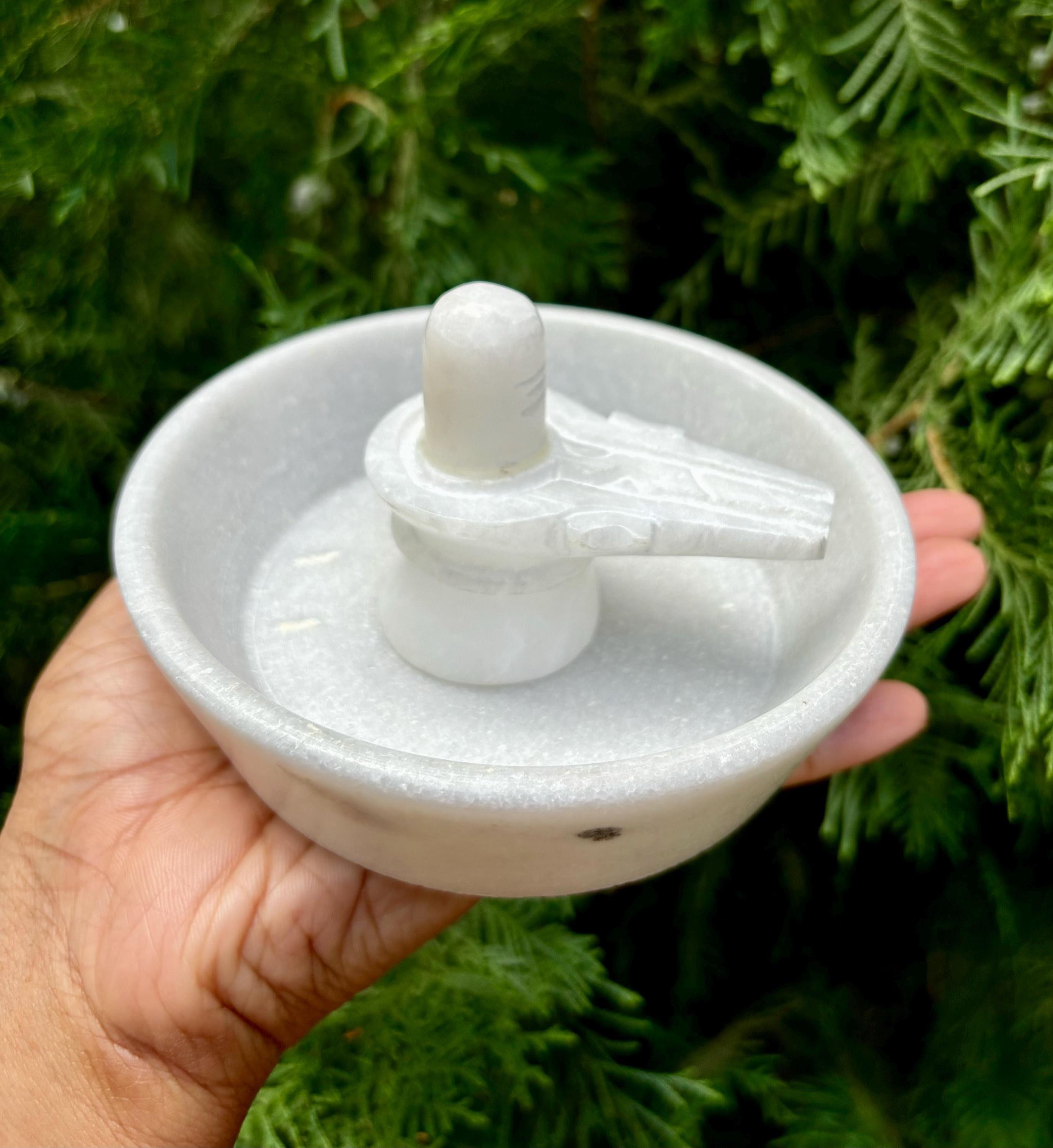 5 Inch White Marble Stone Plate and 2.75 Inch Shiv Ling Handmade Hindu God White Shiva Lingam Pooja / Free Ship One Size