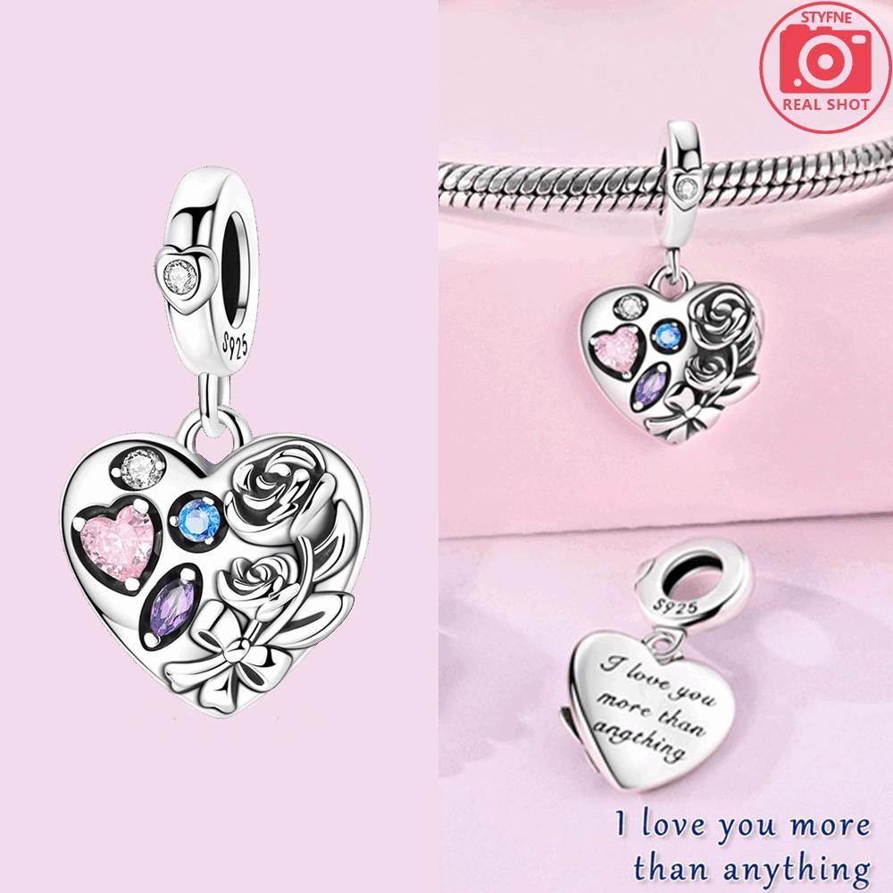 Silver 925 Colored Zircon Heart-shaped Pendant Beads Charm Fit Bracelet Jewelry Making Fine Gift for Women