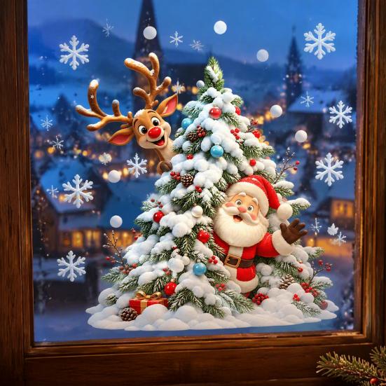 Waterproof PVC Christmas Ornaments Xmas Tree Santa Window Sticker, Static Cling Snowy Elk Decal Decal, Removable for Glass Doors Windows Claus Pattern