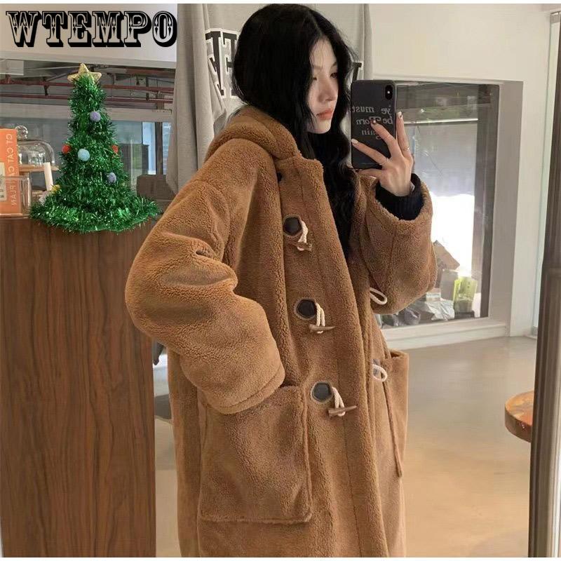 Mid Length Korean Thick Overcoat Cowhorn Button Loose Coat Winter Warm Female Fleece Hoodies Jacket Woman Lamb Wool Coats