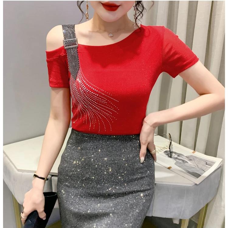 Summer Fashion European Female Clothes T-Shirt Sexy Off Shoulder Shiny Diamonds Mesh Women Tops All Match Tees Blouse