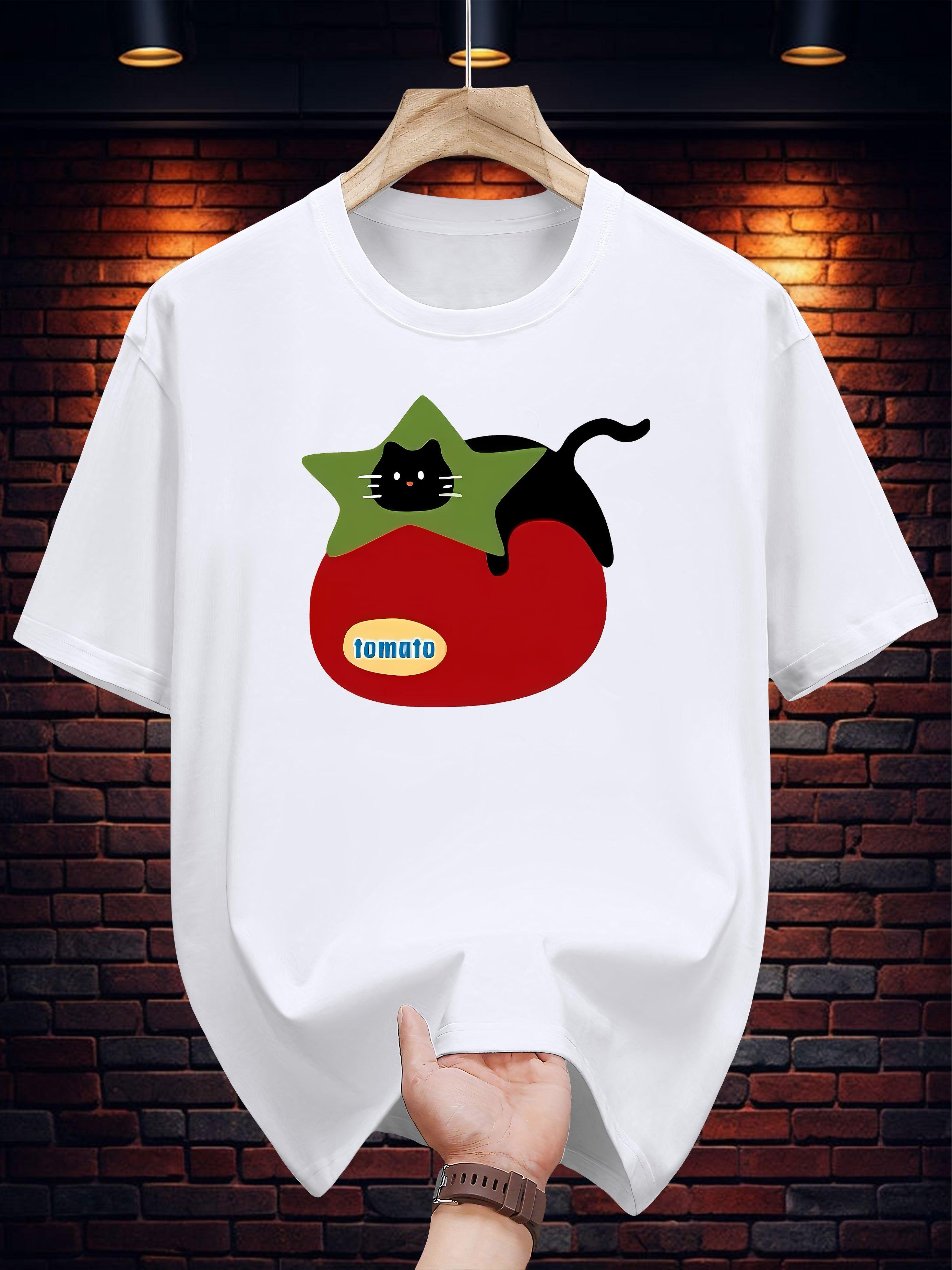 [Playful Charm] Casual Cotton T-shirt with Whimsical Cat & Tomato Pepper Print - Lightweight XXXL