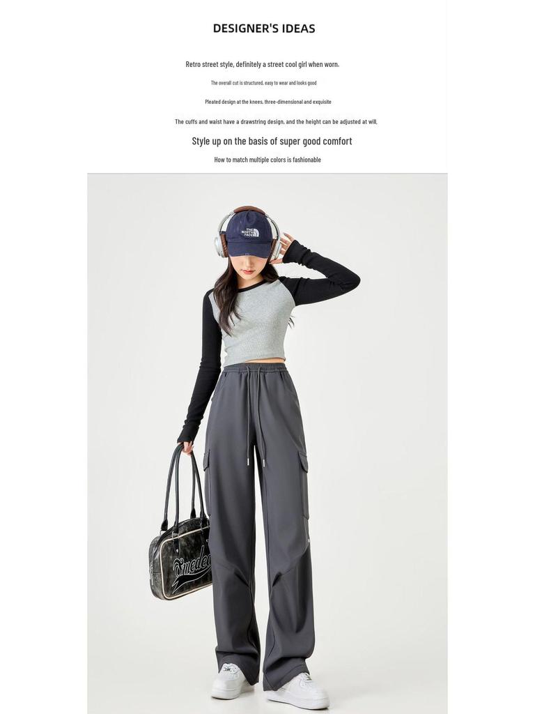 Damen Hochwertige Lässige Cargohose: Herbst/Winter-Stil, mit Plüschfutter, lockere Passform, gerades Bein, mehrere Taschen, Kordelzug, Polyester.