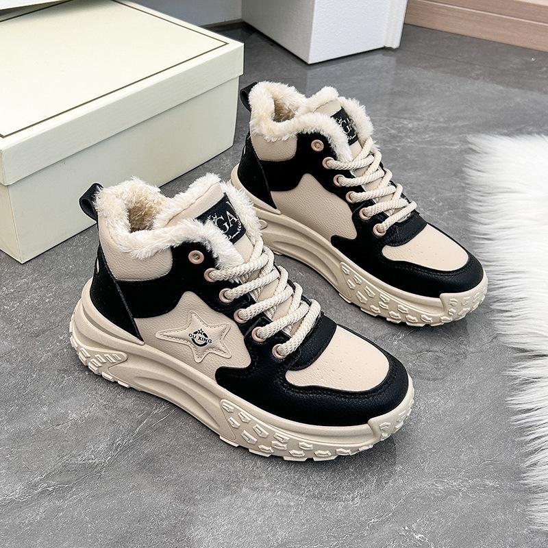 

Повседневные зимние ботинки с подкладкой из искусственного меха, женские ботинки без застежек, на толстой платформе, на шнуровке, короткие зимние ботинки, женские высокие кроссовки для ходьбы 38 чёрный