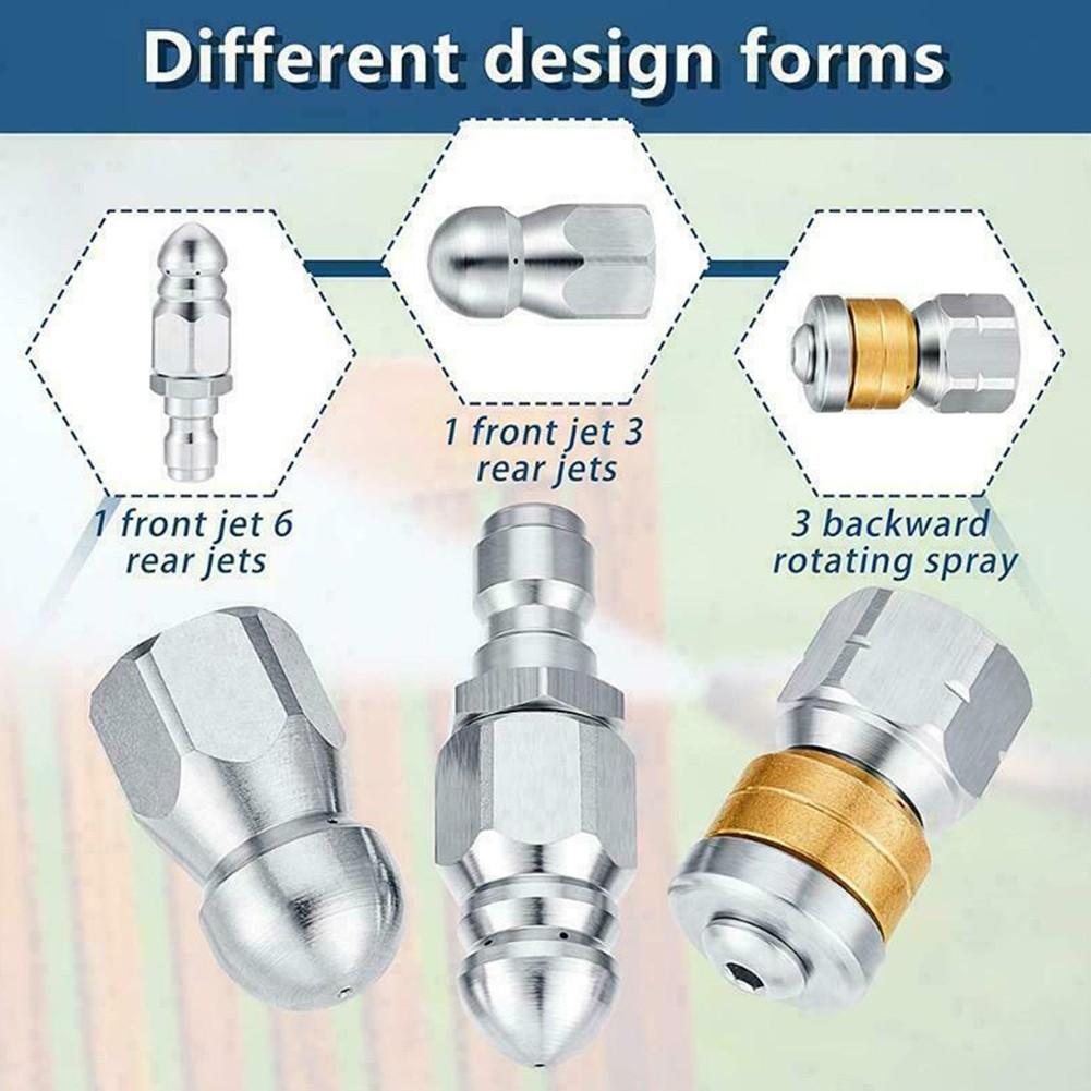 3 Pcs Sewer Jetter Nozzle 1/4" Pressure Washer Rotating Button Nose Connector