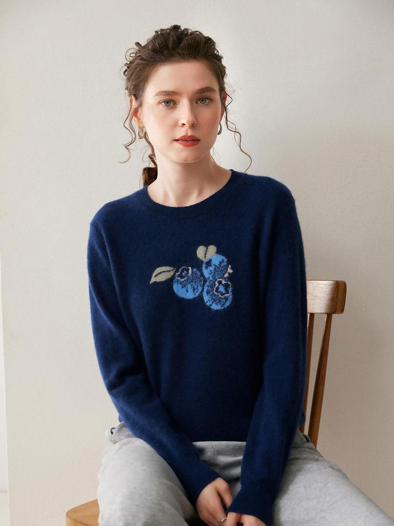 2026 Autumn/Winter Women's Blueberry Jacquard Cashmere Sweater: Round Neck, Loose and Slimming Pullover Knitwear