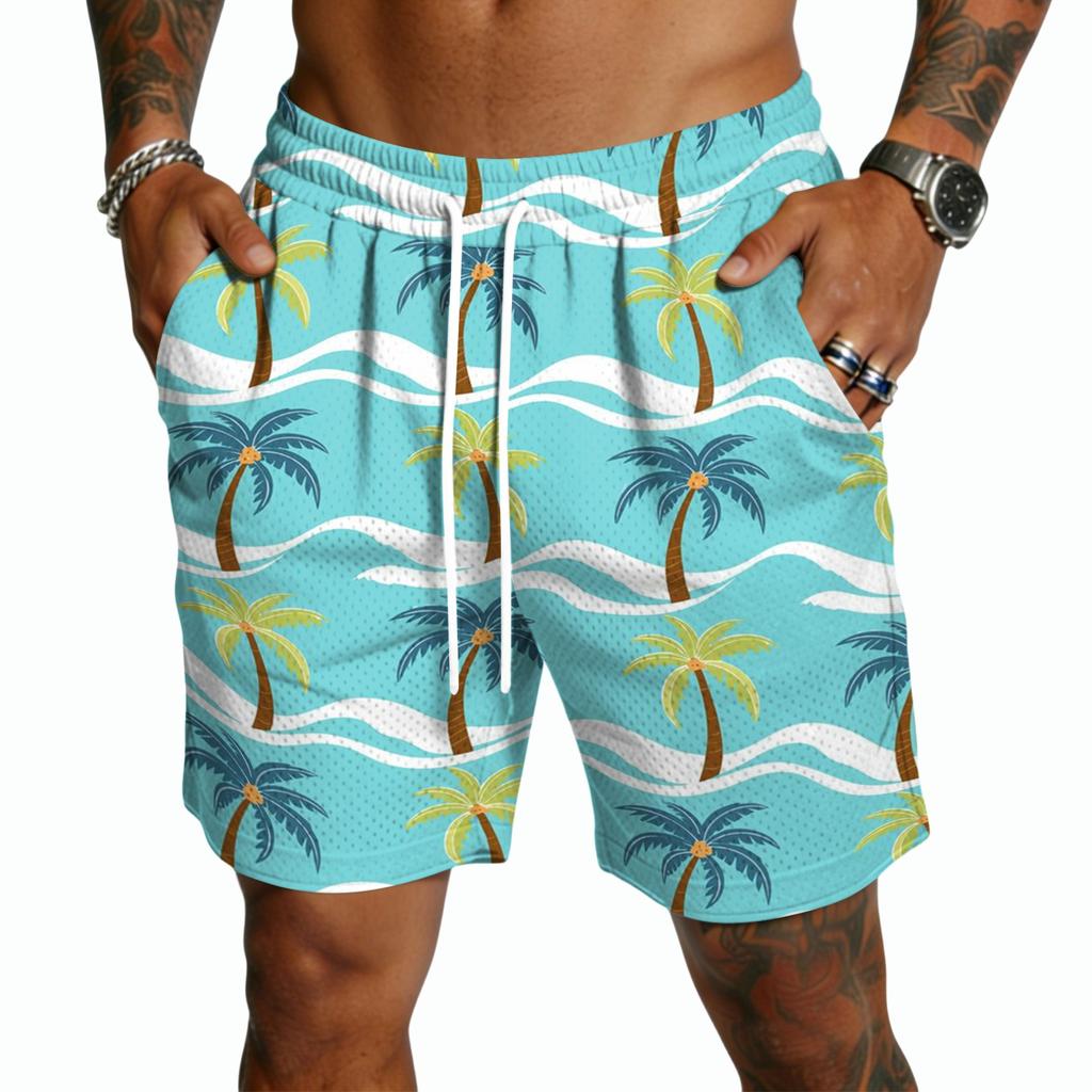 Men's Casual Lightweight Quick Dry Drawstring Shorts with Tropical Leaf Print Five Inch Inseam Beachwear Swim Trunks