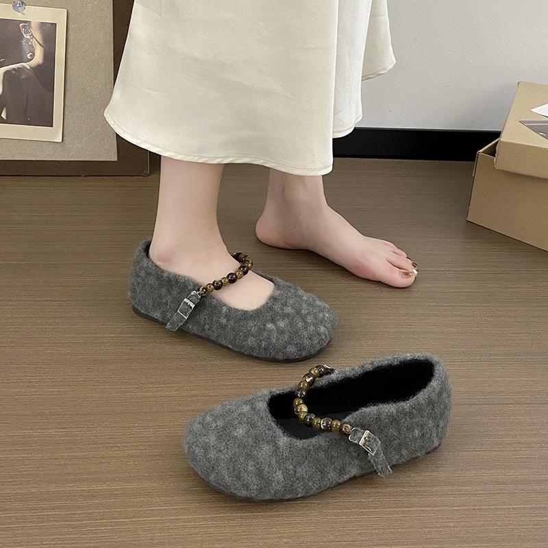 French Flat-bottomed Fairy Wind Lamb Wool Round Head Pearl Word with Fluffy Shoes Women Wear Autumn and Winter New Cotton Single Shoes