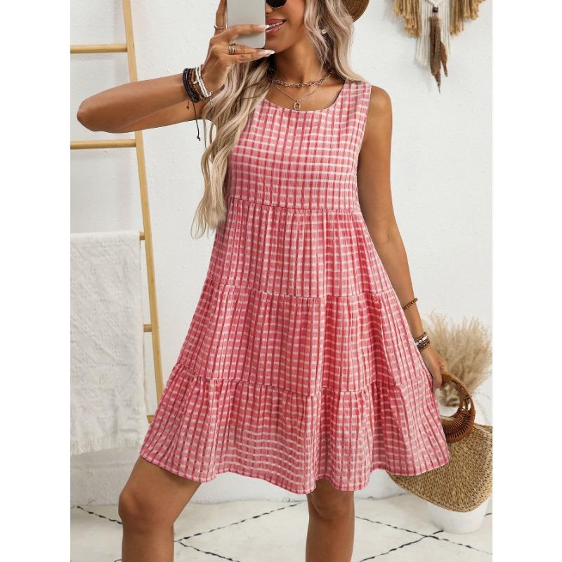 Zomer nieuwe stijl dames losse casual elegante mouwloze ruitjesjurk