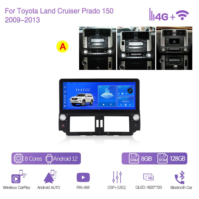 12.3 For Toyota Land Cruiser Prado 150 2009-2013 Car Multimedia Player GPS Navigation Radio Android12 8Core CarPlay 4G 360Camera