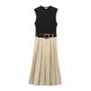 2025 Spring/Summer Padded Shoulder Patchwork Sleeveless Belted Crew Neck Dress