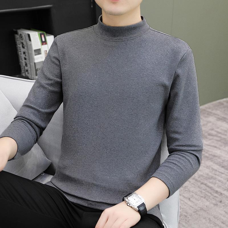 Spring Autum Half High Collar Solid Color Bottomed T-shirt Male Long Sleeve All-match Cotton Top Pullover Tee Men