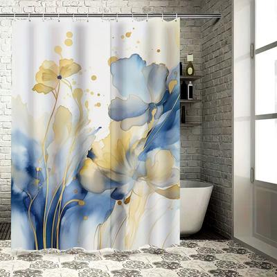 Cortina de Chuveiro Floral em Aquarela Azul e Amarelo Capa de Tapete de Banho Decorativa Impermeável Decoração de Casa Pendurado na Parede (Branco)