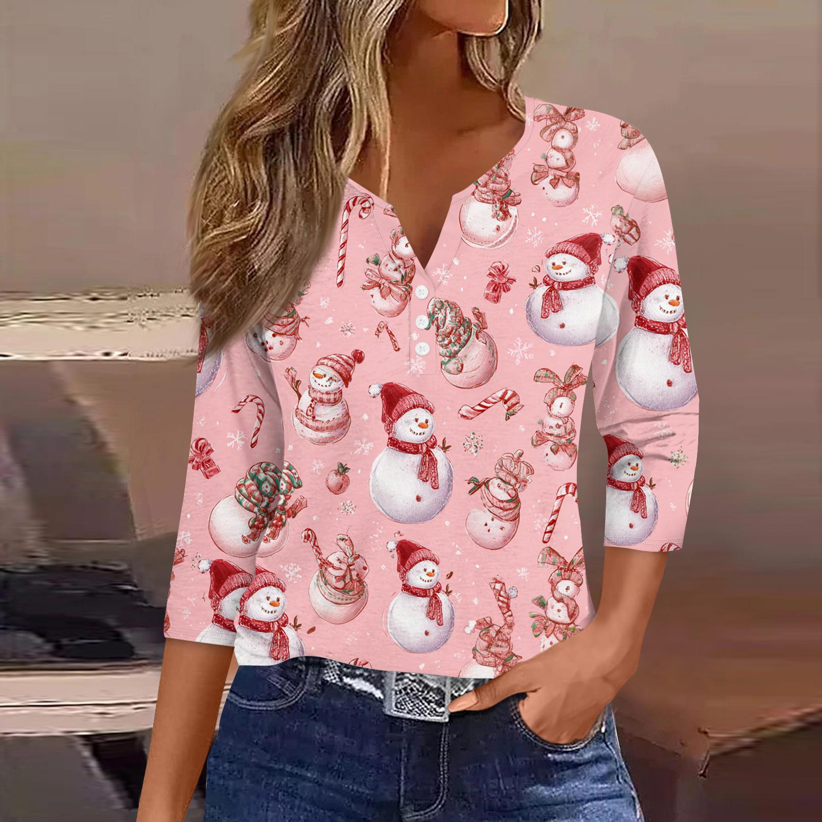 Women s Fashion Casual Halloween Printed V-Neck Short Sleeve Decorative Button Three-quarter Sleeve T-shirt Top XL