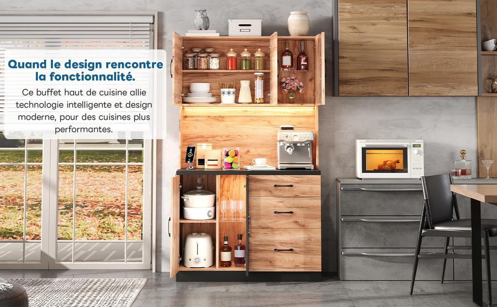 105 × 40 × 180 Cm Modern Tall Kitchen Cabinet, Black and Wood-look with LED Lighting, Adjustable Shelves and Euro-style Socket