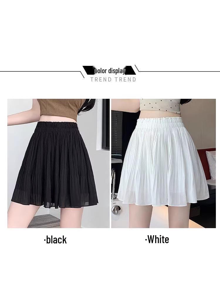 Women's Elastic Waist Pleated Chiffon Mini Skirt - Anti-Exposure, Slimming, Age-Reducing, Versatile Loose Fit for Spring/Summer.
