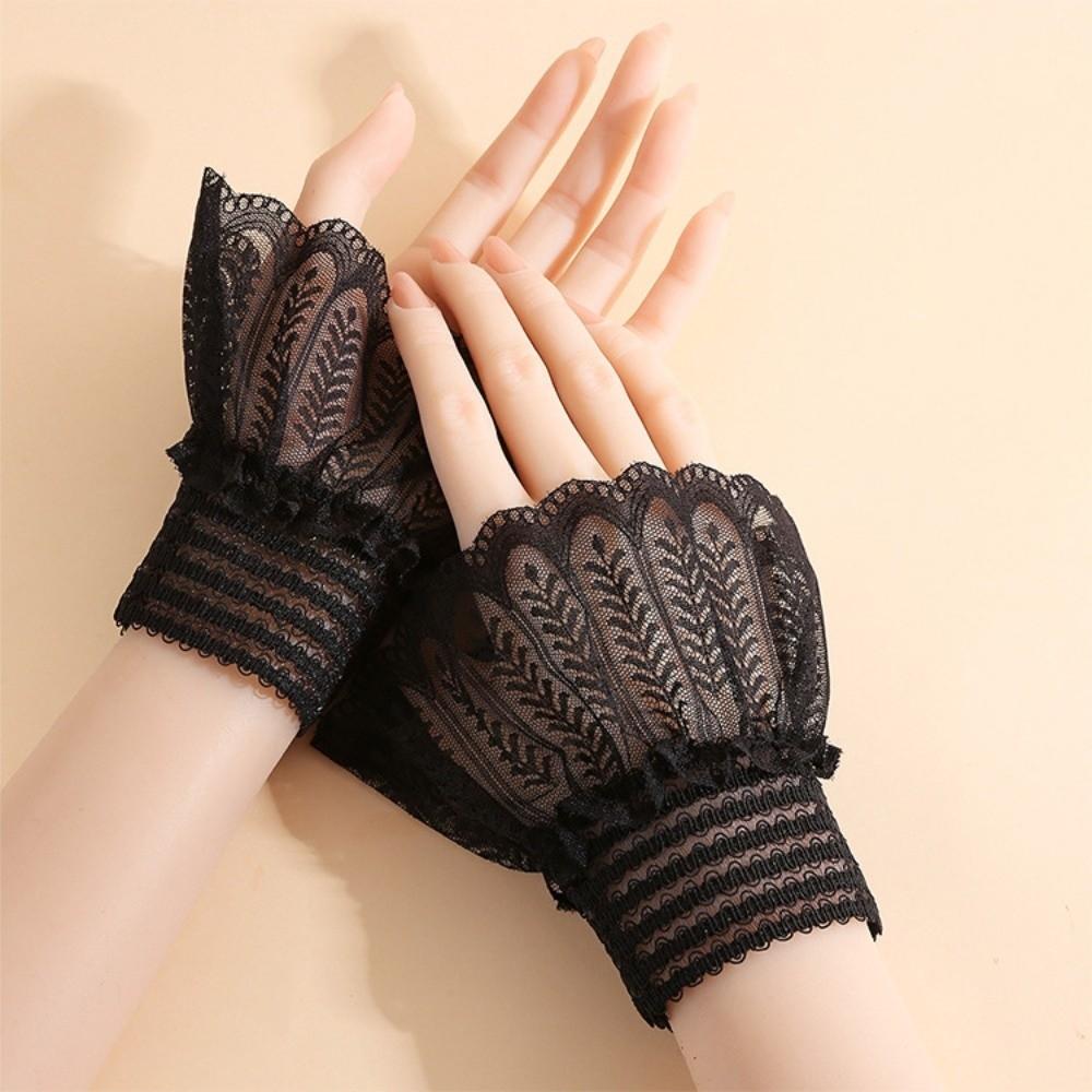 1 Pair Versatile Elegant Fake Cuffs Detachable Solid Color Lace Sleeves Thin Embroidery Pattern False Cuffs For Women