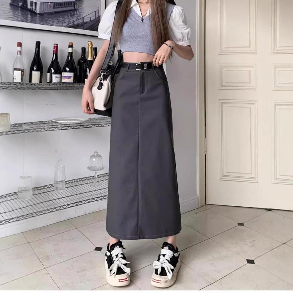 Women's Gray High Waist Straight Leg Midi Skirt with Slit - Slimming Summer A-Line Design.