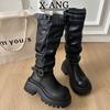 Cowhide thick-soled heightening small knight boots women's knee-high boots long boots belt buckles stacked boots cowboy boots