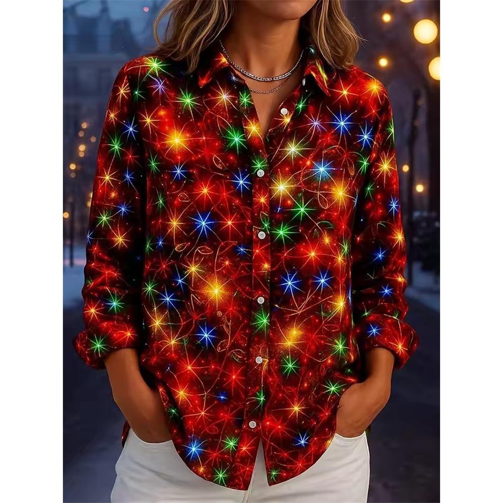 New Christmas Snowflake Theme Blouse Women's 3D Printed Gradient Fashion Long Sleeve Shirts Casual Blouse For Party Button