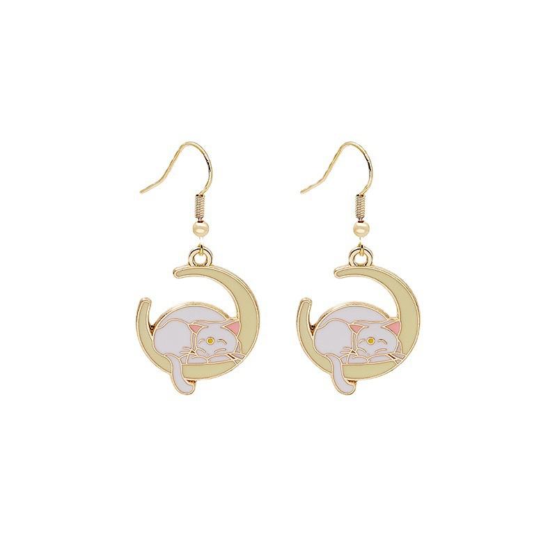 New Lying Moon Cat Star Earrings, Face Skinny Ear Hook Girl Cartoon Cute Ear Accessories