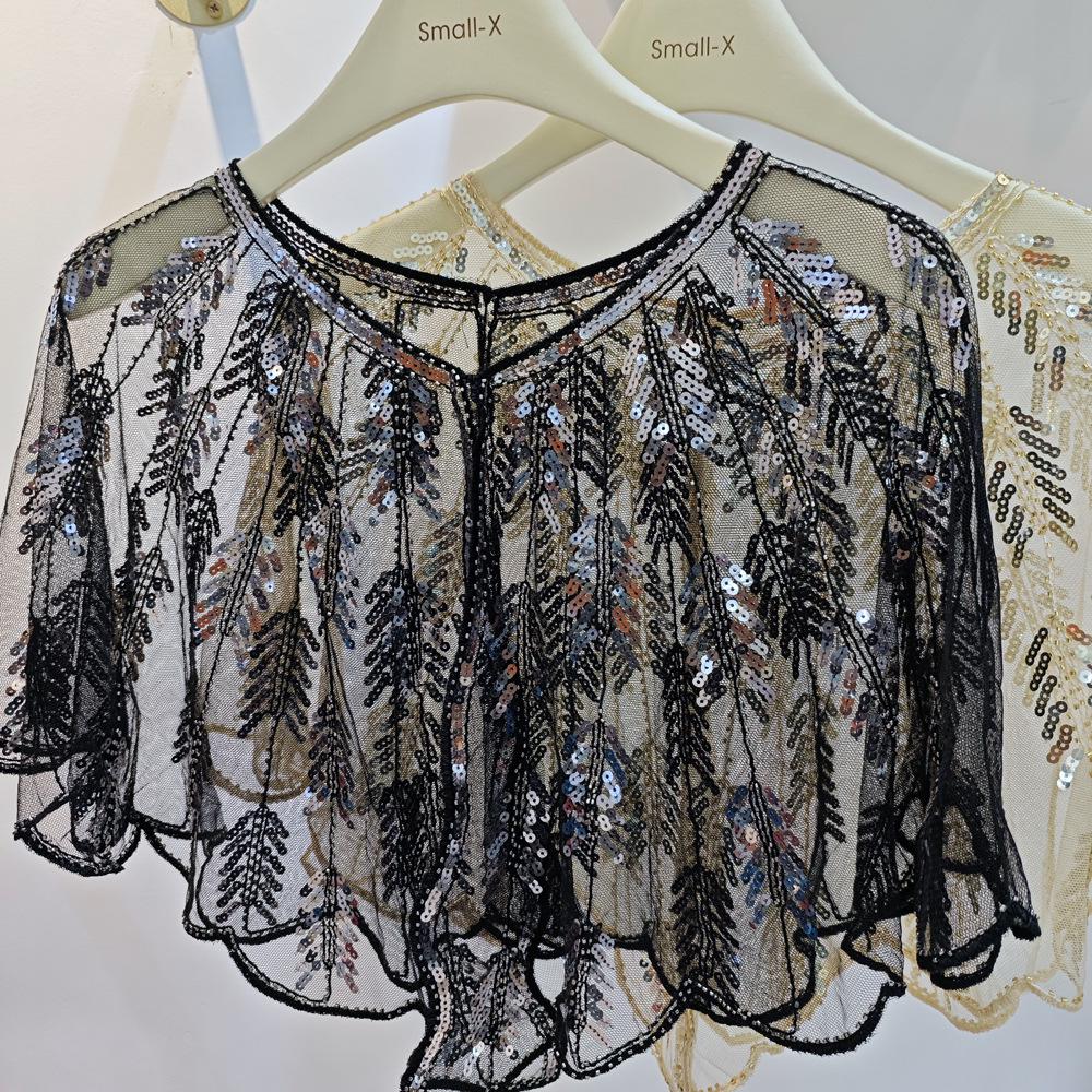 Cheongsam Evening Gown Shawl with Sequined Lace Shrug Cape