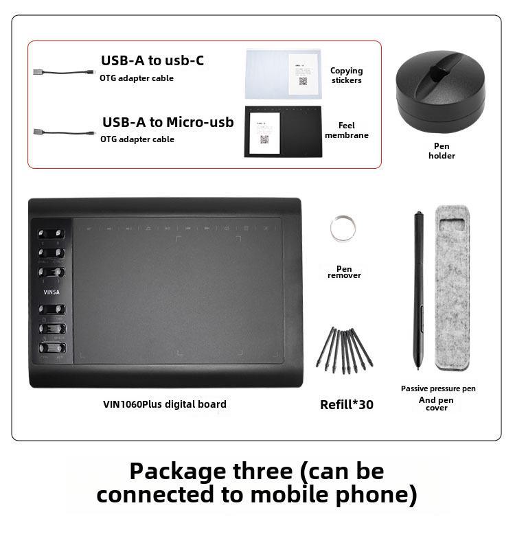 

Цифровой планшет Wencai 1060PLUS с ручной росписью и пассивным пером для рисования на мобильных устройствах и компьютерах Package Three