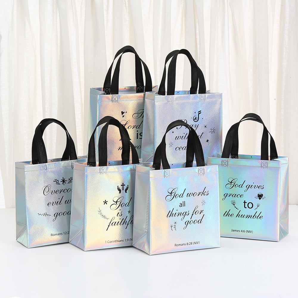 12/30pcs Holographic Shopping Bags Non Woven Tote Bags Laminated Waterproof Gift Bags Reusable Party Favor Bags with Handles