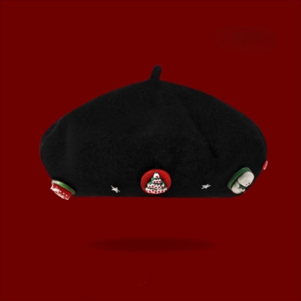 Cute Woolen Christmas Beret Hat Solid Color Windproof Beanie Cap Thick Warm Christmas Gift Xmas Dress Up Bonnets