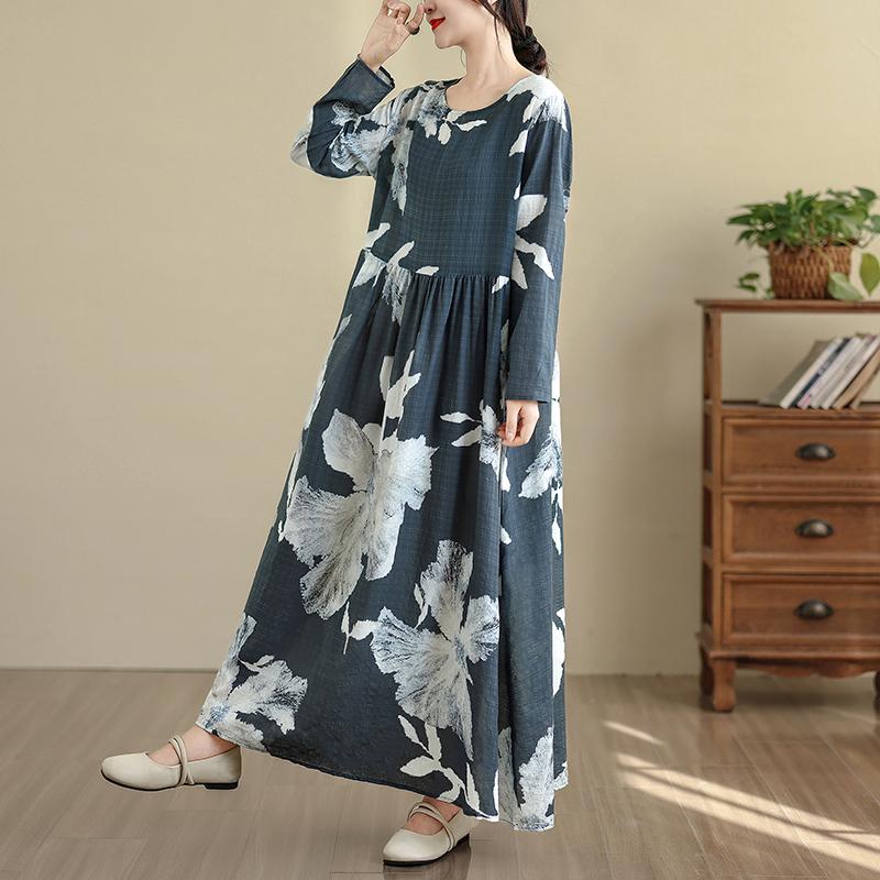 DIMANAF New 2025 Women Plus Size Spring Long Dress Loose Basic Vintage Oversize Long Sleeve Maxi Floral
