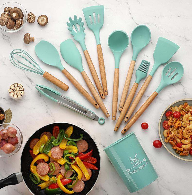 4/11/12PCS Silicone Cooking Utensils Set Non-stick Spatula Shovel Wooden Handle Cooking Tools Set with Storage Box Kitchen Tools