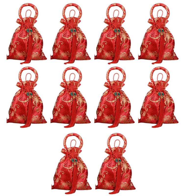 10pcs Chinese Style Canvas Flower Drawstring Bag Large Capacity Korean Style Festive Sugar Bag Wedding Handheld Candy Bags