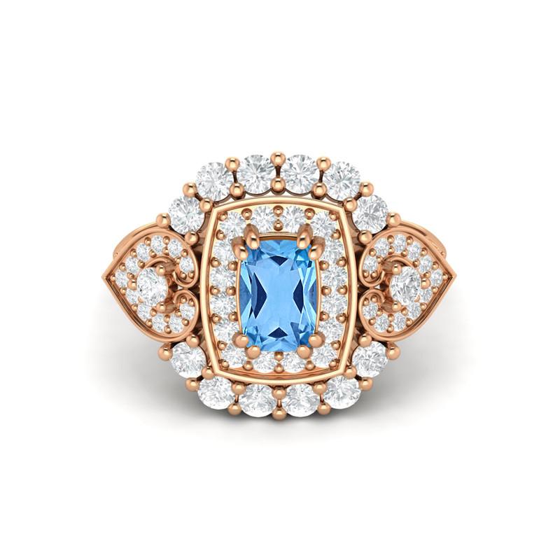 6X4MM Cushion Swiss Blue Topaz Gemstone 925 Sterling Silver Rose Plated Solitaire Halo Women Engagement Ring