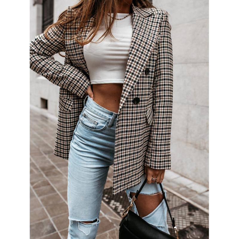 Tooxika Women's Autumn And Winter New Retro Double-breasted Plaid Print Small Suit Women's Mid-length Coat