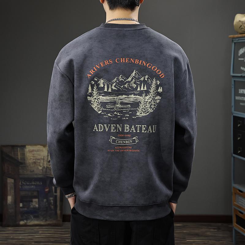 Men's Oversized Retro Mountain Print Hoodie - Autumn/Winter Round Neck Long Sleeve T-shirt
