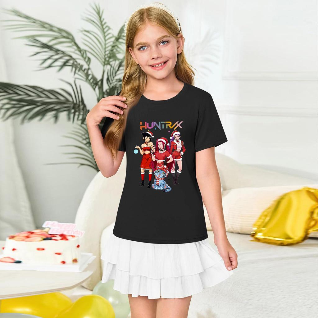 Girls' Round Neck Short Sleeves Christmas Witch  Group Print Casual Short Sleeves