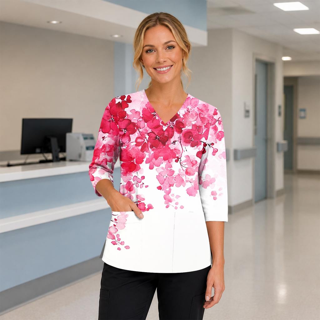Women's Floral Print V-Neck Scrub Top with Pockets, 3/4 Sleeves and Side Slits for Uniform